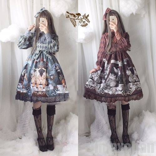 lolita ロリータ ワンピース 春秋ワンピース 通販 文化祭 学園祭 衣装 ブラウン/グリーン S/M/L コスプレ ハロウイン 可愛い 姫様 2点セット ロリィタ風ワンピ ゴスロリ