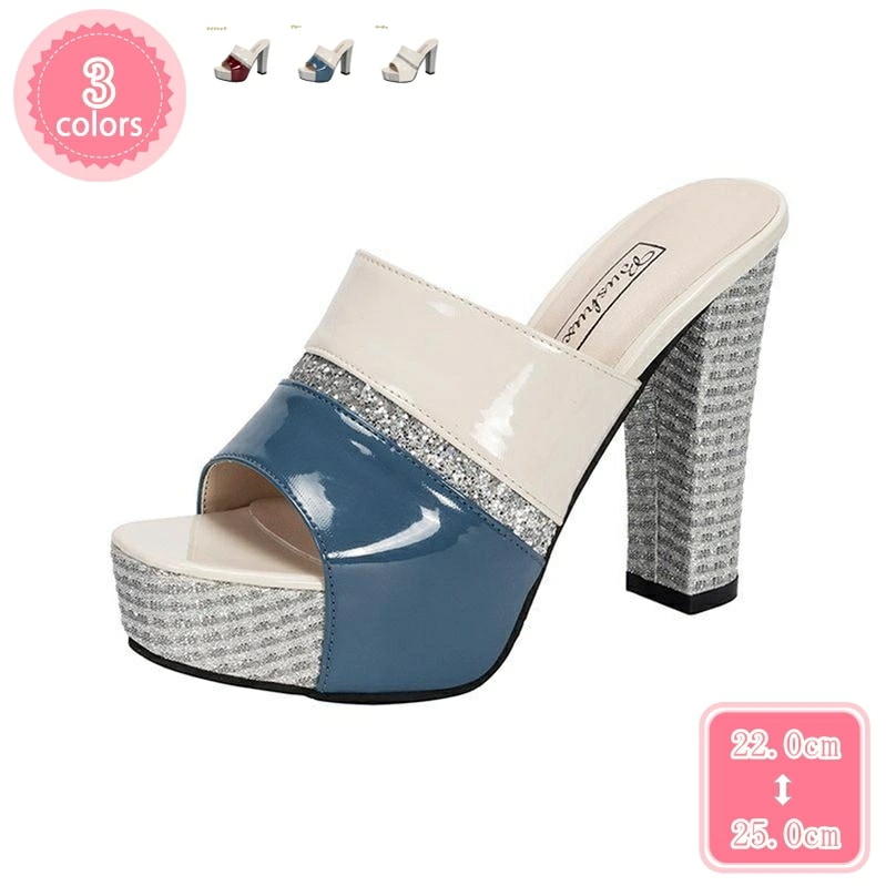 1000円OFFクーポン サンダル ミュール レディース 12.5センチヒール 太ヒール グリッター キラキラ ラメ ストーム付き 厚底 ヒール ハイヒール ビジュー パーティー 旅行 お呼ばれ 痛く