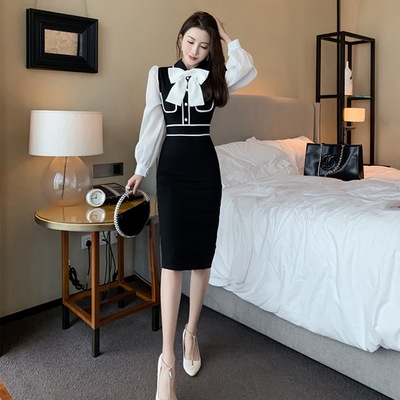 ワンピース 膝下 ミモレ ミモレ丈 袖あり 長袖 タイト リボン ウエストマーク ハイウエスト かわいい 大人可愛い きれいめ シンプル 大人 上品 おしゃれ お洒落 かっこいい こなれ感 エレガント