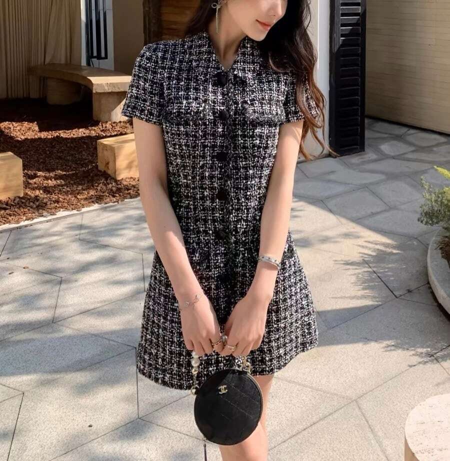 ワンピース レディース ミニ ショート 膝上 半袖 ラウンドネック 襟付き タイト スリム 細身 フェミニン ポケット ハイウエスト 前開き ボタン ツイード かわいい 大人可愛い きれいめ 上品 お