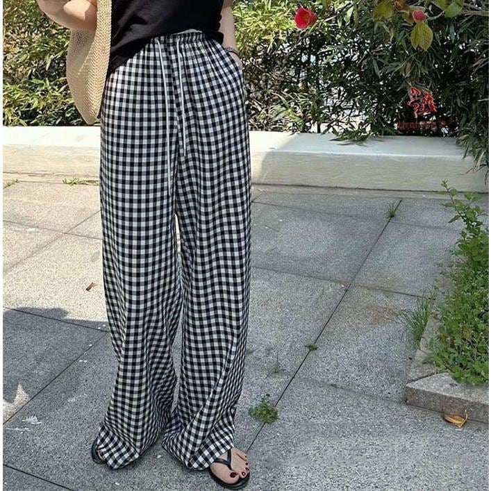 ワイドパンツ レディース ギンガムチェック パンツ 夏 レ イージーパンツ チェック柄 パンツ ロング丈 ウエストゴム ズボン ボトムス 部屋着 大きいサイズ ゆっ