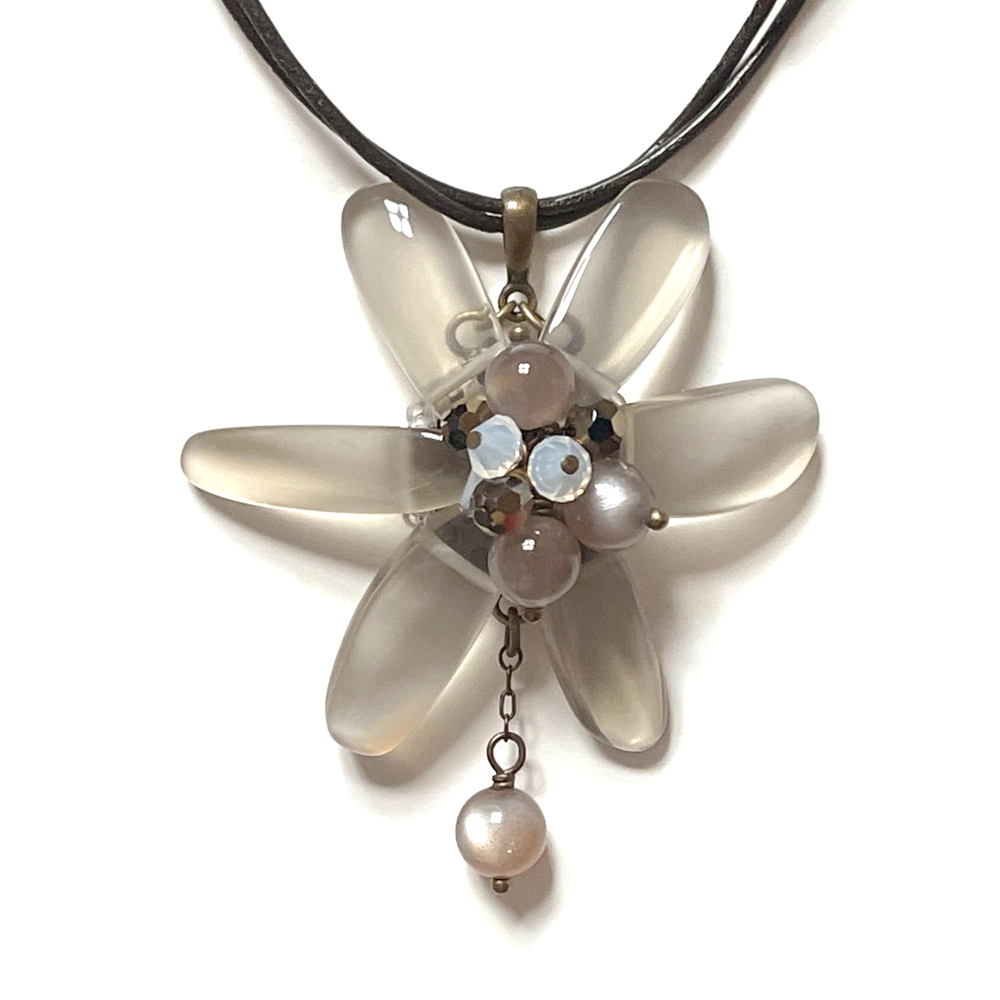 [Cherry] ムーンストーン シルバーシャイン フラワー オーストリア製ガラスビーズ 本革 2連 チョーカー 天然石 パワーストーン A1127