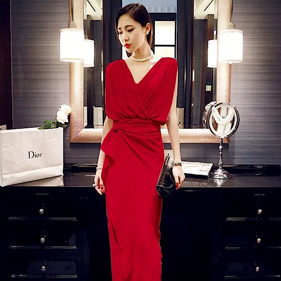 【取寄：納期2週間】結婚式ドレス ノースリーブ Vネック ウエストマーク スリム ロング丈 発表会 演奏会 レディース 結婚式 ステージ衣装 エレガント ウエディングドレス カラードレス 無地