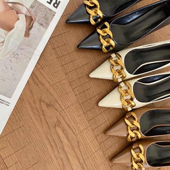 【取寄：納期2週間】パンプス レディース ヒール ピンヒール パンプス レディース チェーン デザイン チェーンデザイン パンプス レディース ポインテッドトゥ パンプス レディース ヒール