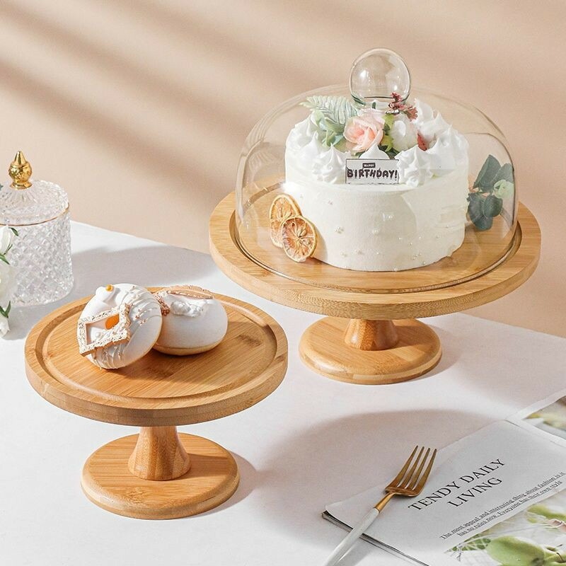 ケーキスタンド 【3タイプ選択直径20/23.5/27cm】ケーキドーム 白 陶器 ケーキスタンド 木製 ガラス蓋付き チークケーキ台 木 ウッド 食器 果物トレー お盆 器 コンポート インテリア