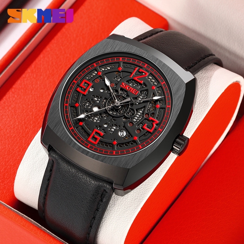 SKMEIファッションスポーツ時計男性目覚まし時計メンズ本革ストラップクォーツ腕時計カジュアル日時防水トップブランド ファッショナブル