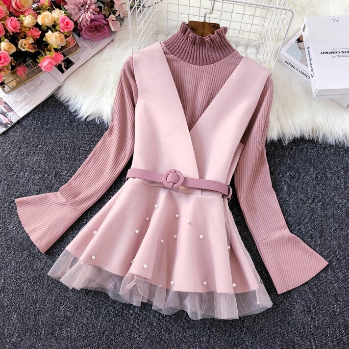 リブニットツーピース レディース 2色 ワンピース セットアップ 長袖 春 秋 冬 きれいめ カジュアル かわいい フォーマル aライン Aライン ワンピドレス ジャンパースカート チュニック プリー