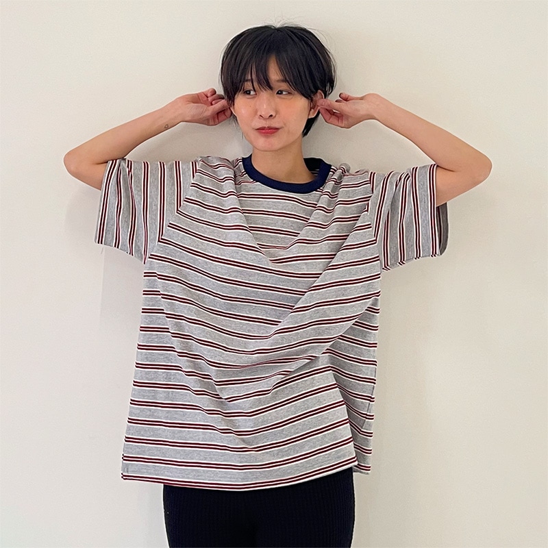 ストライプビスケット ルーズフィット 半袖Tシャツ (グレー)