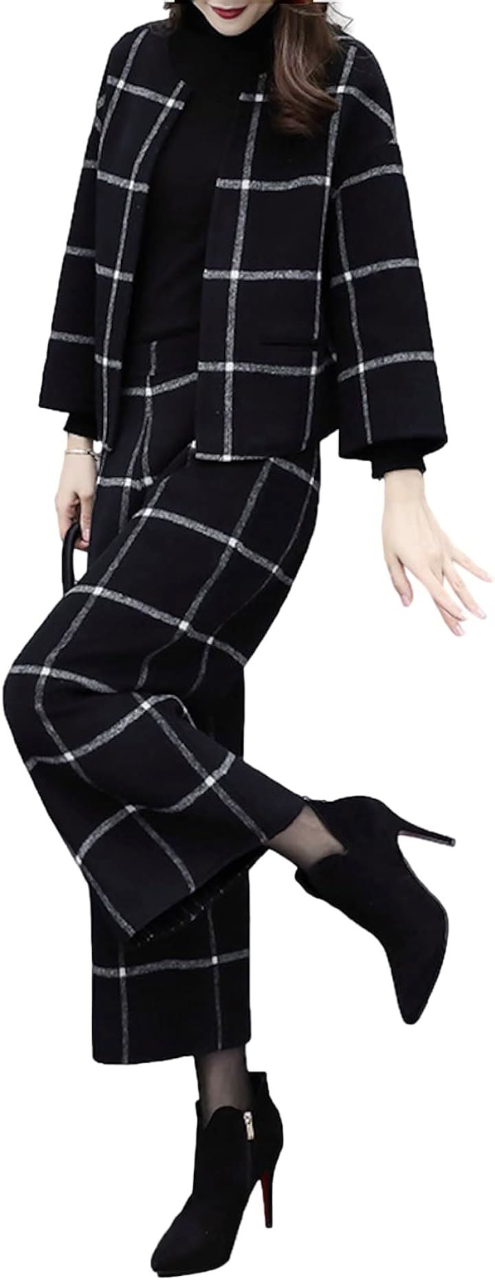 セットアップ 大人 きれいめ チェック ジャケット パンツ 2点セット レディース( ブラック, L)