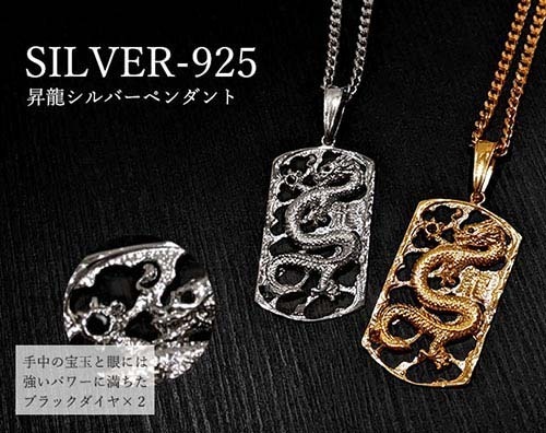 ブラックダイヤ入　昇龍シルバーペンダント（ゴールド）[ ペンダント ネックレス ブラックダイヤ メン