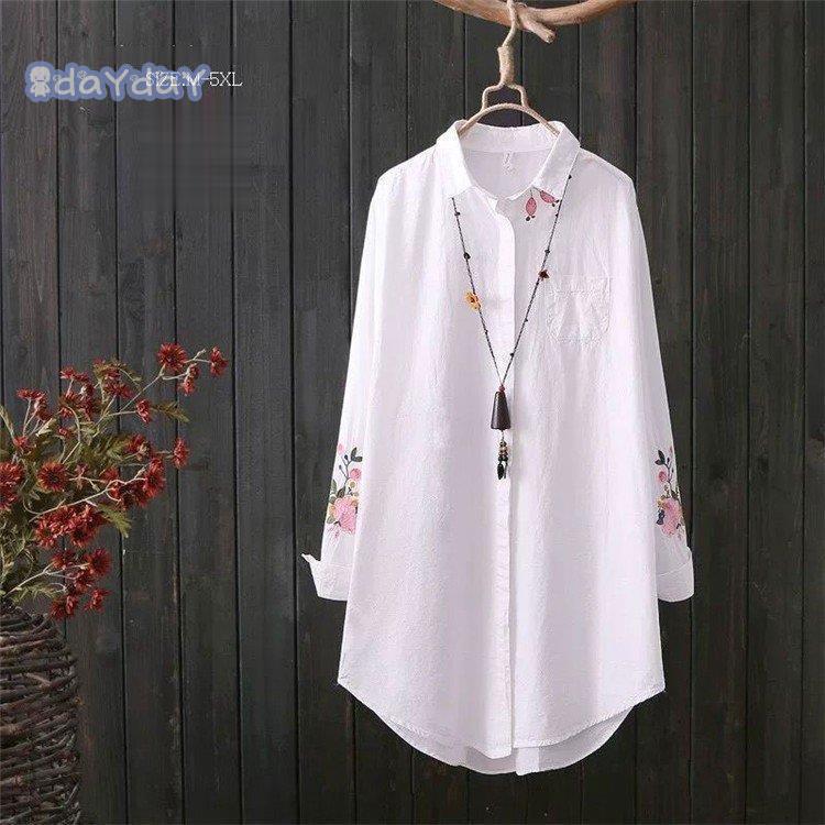 【迅速出荷】 ブラウス シャツブラウス トップス ロングシャツ レディース 40代 花柄 チュニック 体型カバー 長袖 綿 刺繍 大きいサイズ コットン アウター シンプル きれいめ