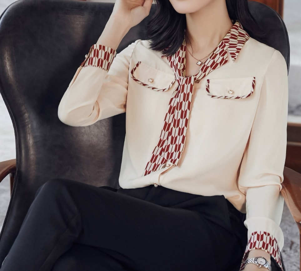 トップス シャツ ブラウス 袖あり 長袖 Vネック 襟付き ストレート Iライン シフォン 切り替えデザイン ポケット ハイウエスト 前開き ポリエステル 薄手 かわいい 大人可愛い きれいめ