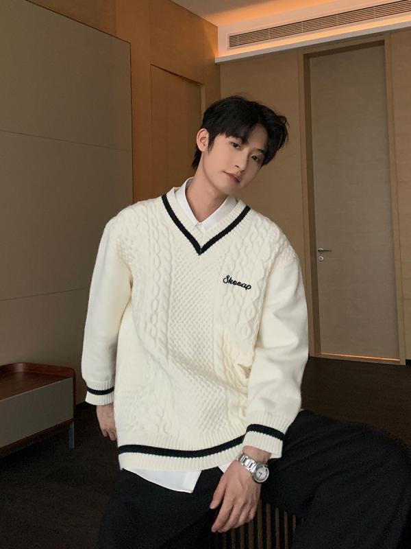 メンズ 秋 冬 長袖 ツイスト Vネック セーター カレッジ ウェア DK カップル セーター トップス