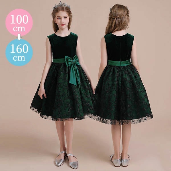 送料無料 子供ドレス 発表会 ノースリーブ リボン付き プリンセスドレス ショート丈 こどもドレス キッズドレス グリーン ベルベット リボン付き コンクール Aライン 子供 結婚式 七五三 ドレス 8,058円
