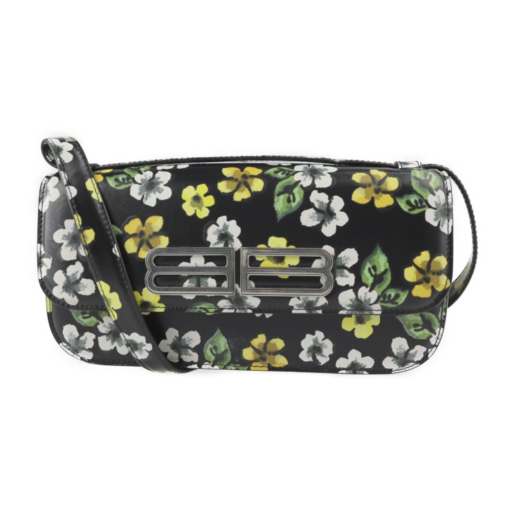 美品 BALENCIAGA バレンシアガ ショルダーバッグ 674693 GOSSIP BAG SML レザー ブラック マルチカラー シルバー金具 ゴシップ フラワー 花柄 BBロゴ 本物保証 中古
