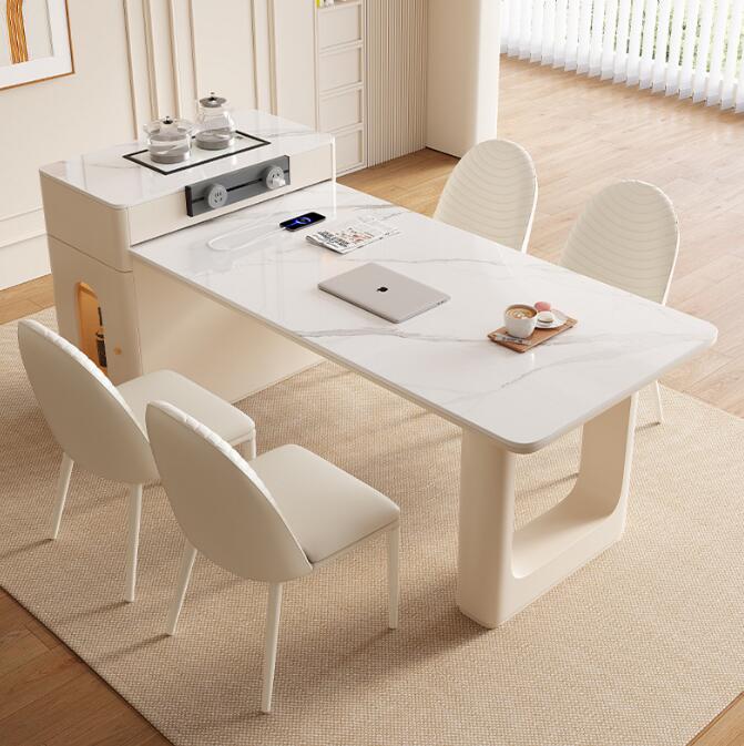 クリーム風　伸縮島台岩板テーブル　ダイニングテーブル一体型モダンシンプル家庭用ティーテーブル開閉式クリーム風ダイニングテーブル　伸縮式