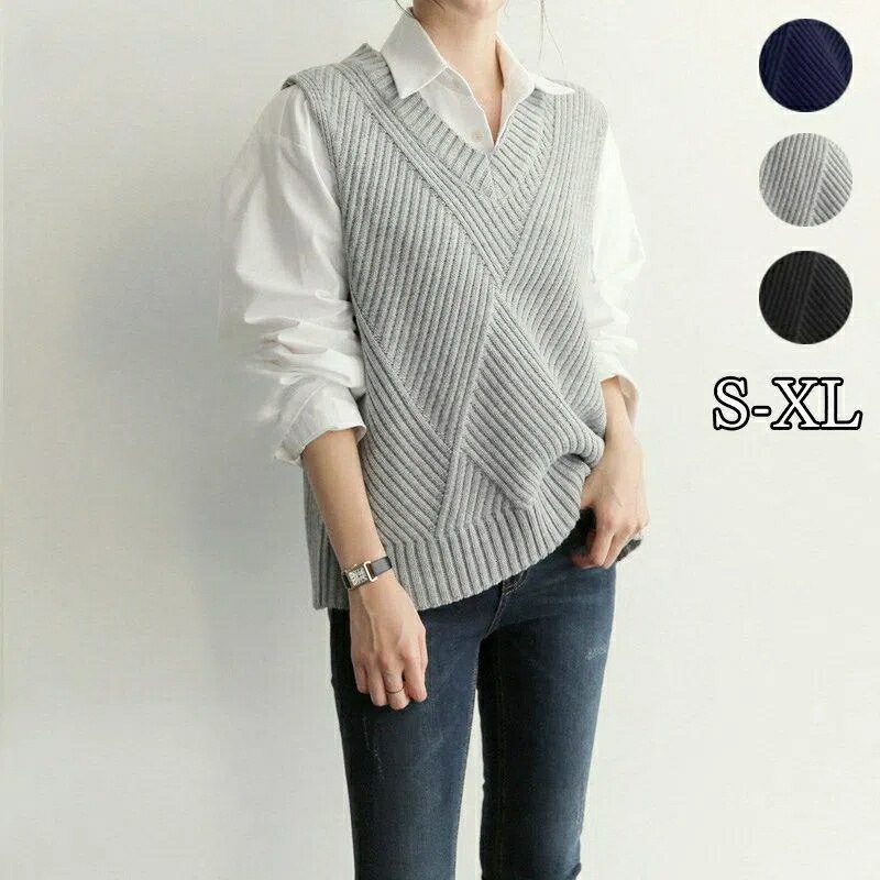 ニット ベスト レディース チョッキ トップス 春 秋物 ノースリーブ ロング丈 人気 通勤 リブ編み スリット 韓国風 シンプル 無地 OL 30代 40代 50代 50代