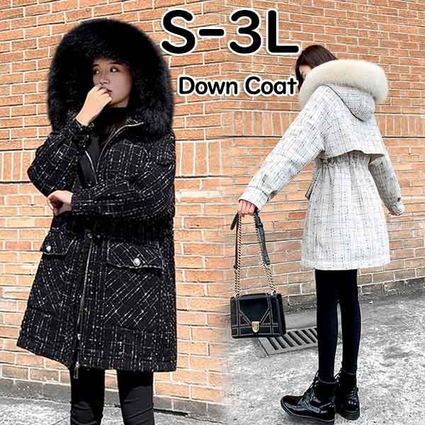 ダウンジャケット レディース ダウンコート 小さいサイズ 大きいサイズ ダウン コート エコファー取り外し チェック柄 防寒性抜群 アウター ロングコート フード付き 70％ダウン 暖かい 厚手 防