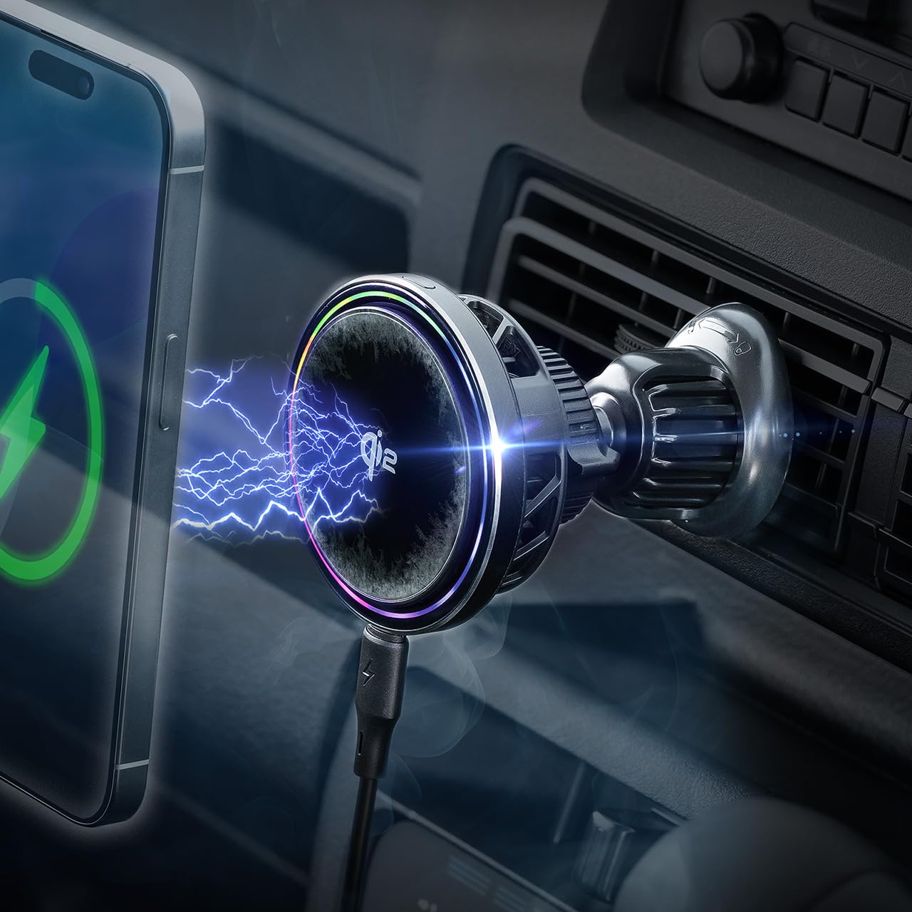 サンワダイレクト 車載ホルダー Qi2/MagSafe対応 ワイヤレス充電 最大15W 冷却 ペルチェ素子 エアコン吹き出し口取付け 向き/角度調整 メタルリング/USB-Cケーブル付き 急速充電 車