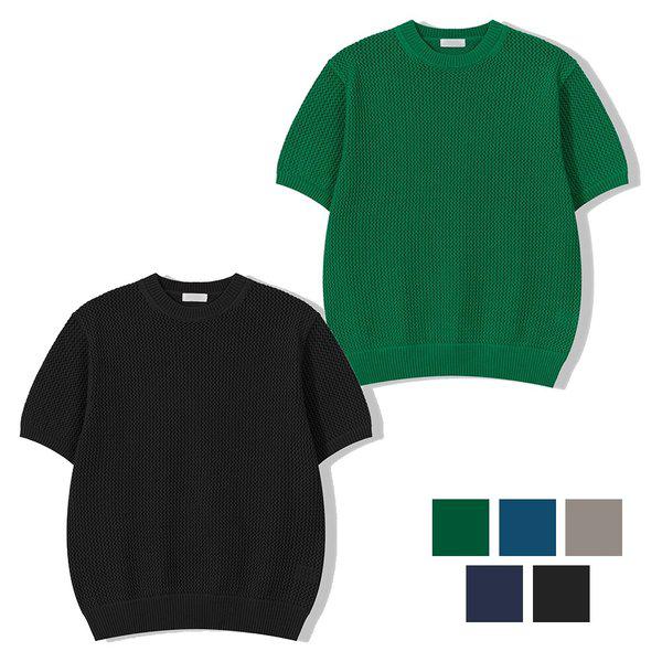 メンズプレミアムネットラウンドネック半袖ニットTシャツ GN-KNH-Q011-グレーベージュ