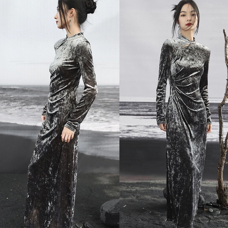 【快速出荷】チャイナドレス シルバーグレー 長袖 ベロア ワンピース ベルベットワンピース ロング レトロ あったか スタンドカラー