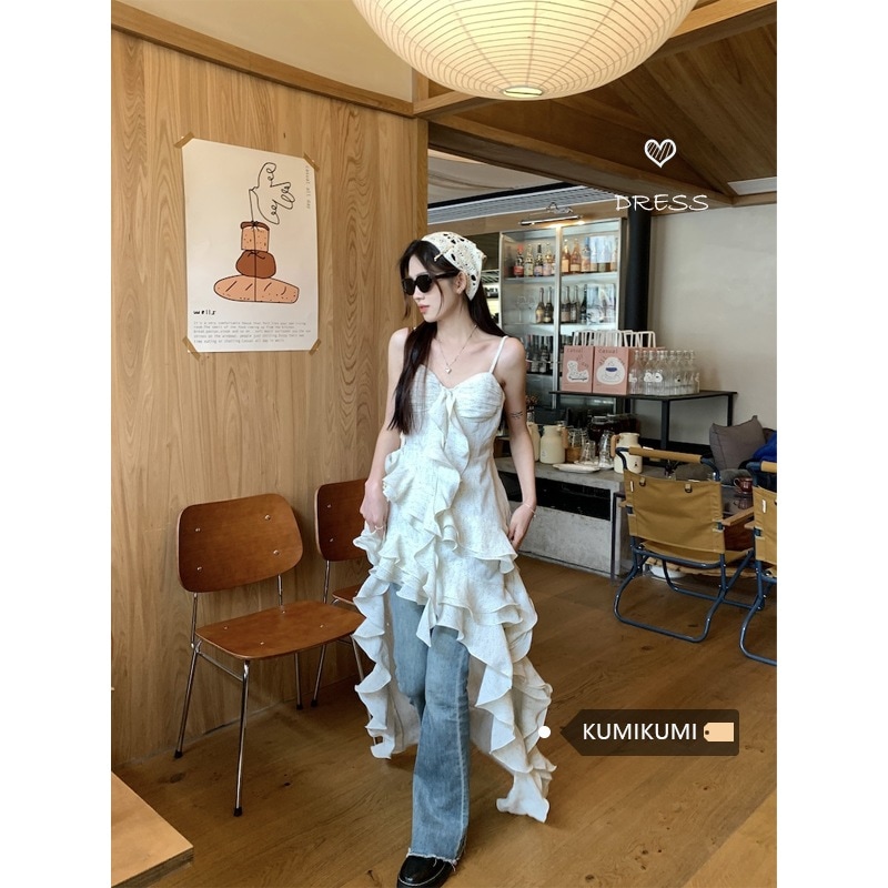 ピュアスタイルの小花柄サスペンダースカート女性用パッド入りワンピースデザインイレギュラーロングスカートレイヤードスカート