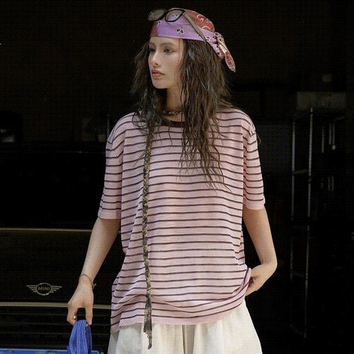 [2色]ソフトストライプドーパミンニットトップ