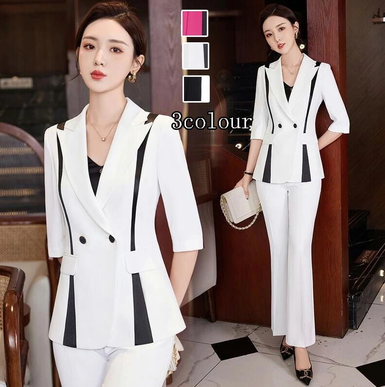 洗えるスーツ 着痩せ レディース フォーマル セットアップ 通勤 OL 7分袖 ジャケット+長パンツ/短パンツ 2点セット ママ 入学式 卒業式 カジュアル パンツスーツ 結婚式 オフィス セレモニー