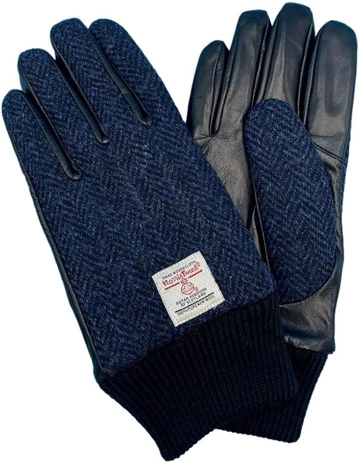 ハリスツイード HARRIS Tweed x羊革手袋 メンズ ニットカフス スマホ対応 裏ボア HBGL011 NVH(ネイビーへリンボン, M)