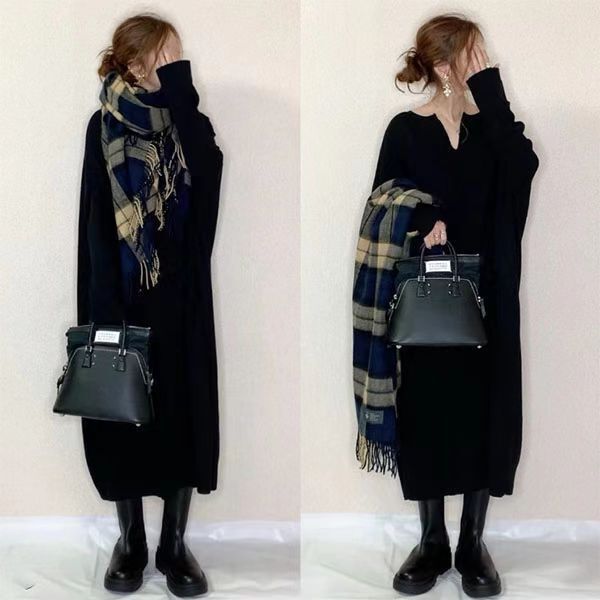 ニットワンピース Vネック ロング丈 マタニティ ゆったり 韓国 レディース オルチャン 長袖 フレア Aライン オーバーサイズ かわいい 大人可愛い きれいめ シンプル カジュアル