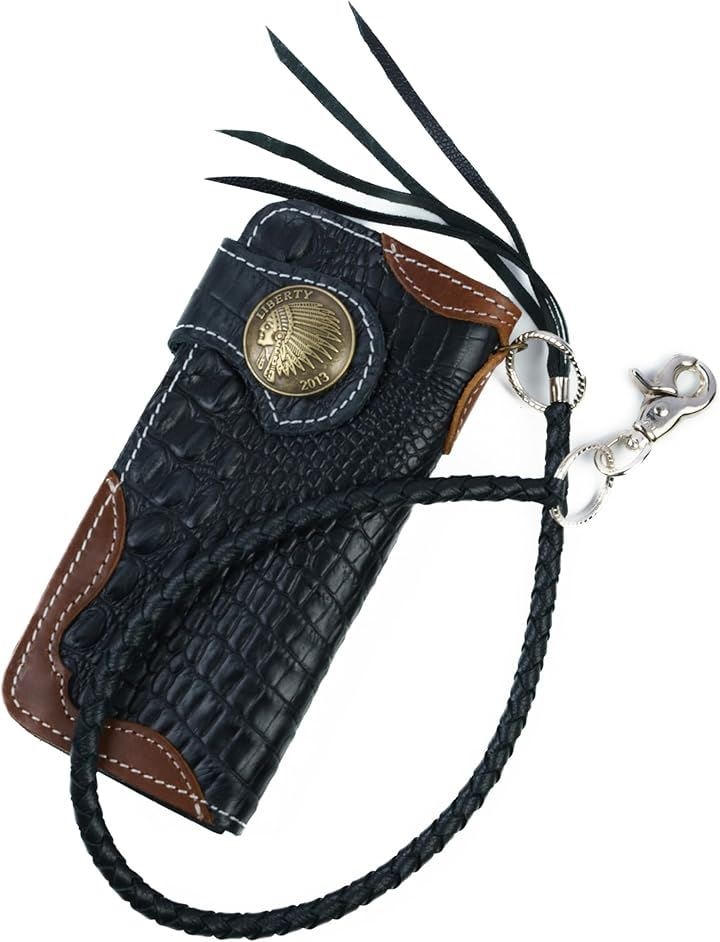 バイカーズウォレット 長財布 ウォレットチェーン セット ライダースウォレット クロコダイル型押し レザーウォレット 二つ折り メンズ 本革 ヴィンテージ 革財布(ブラックxブラウン)