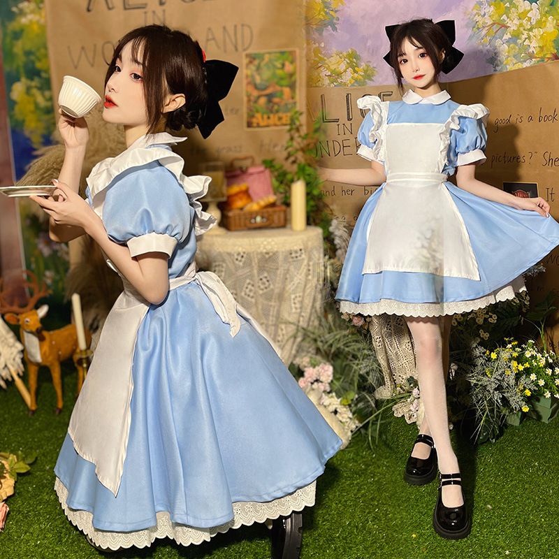 アリスプリンセスブルードレスメイドコスチュームハロウィンコスチュームフレンチスイート年齢を減らす