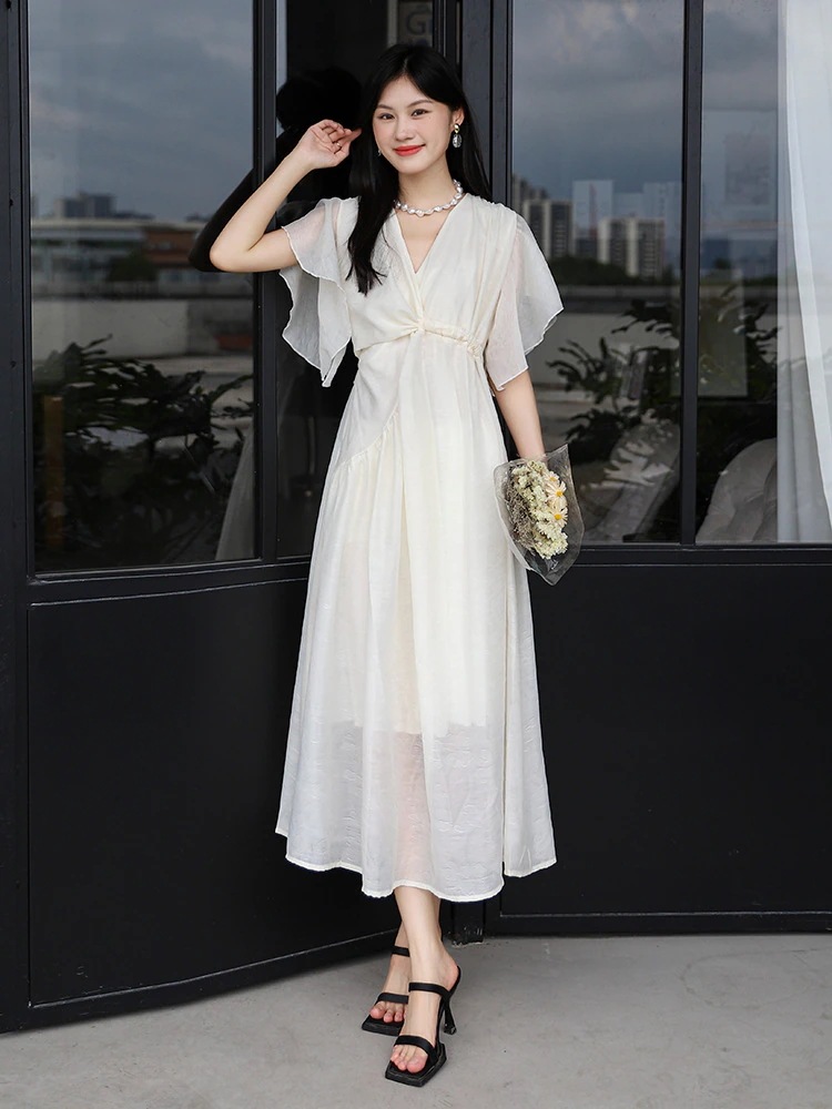 【妃】 初恋ワンピース フリル 無地 vネック レディース ロングワンピース30%までに制限