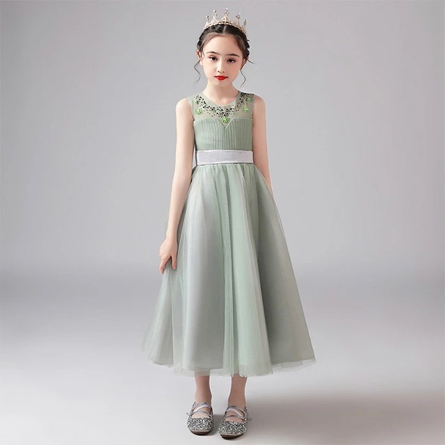 『目玉新商品』ロングドレス ピアノ発表会 子供ドレス ライトグリーン チュールドレス 女児 女の子ドレス 150 演奏会ドレス ロング丈 ドレス 子供ピアノ用 七五三ドレス 入学式 卒業式 キッズドレ