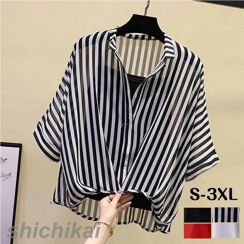 シフォンシャツ2点セットストライプの薄い不規則なプルオーバーシャツドルマンスリーブ 通勤 フェミニン オフィス 韓国 ファッション 20代 30代 40代 50代 ホワイトデー