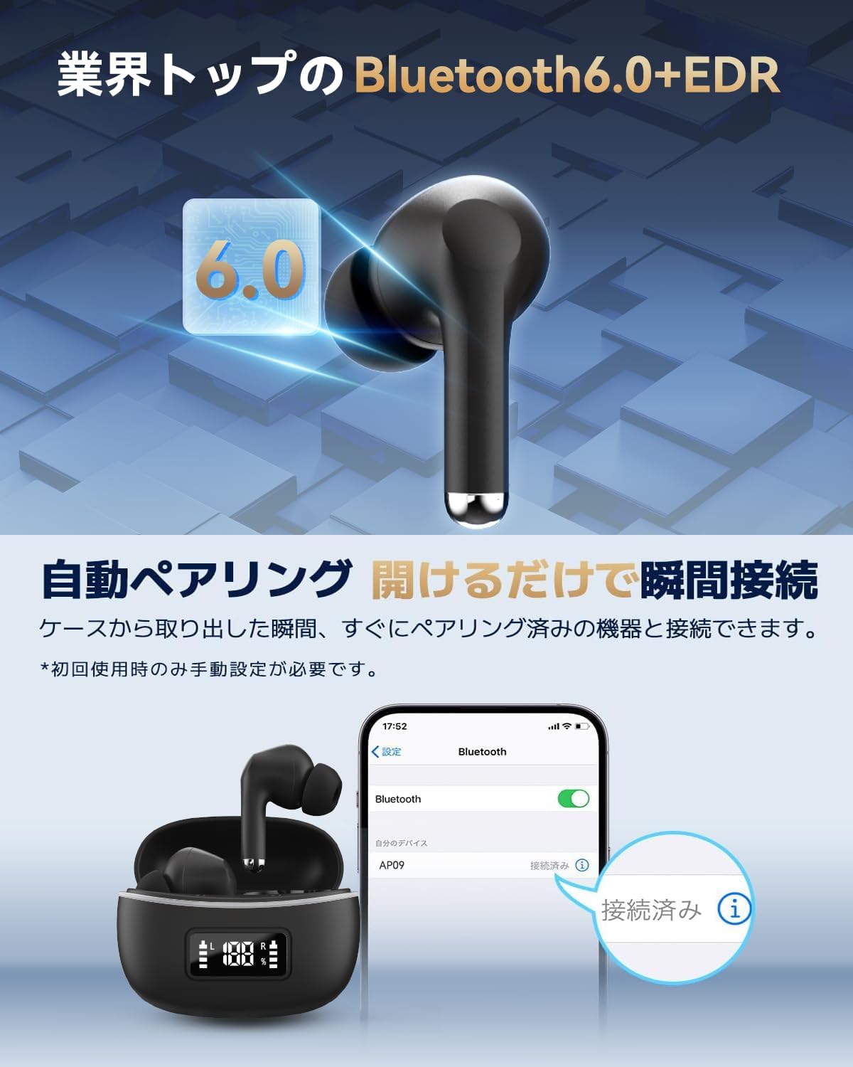Bluetoothイヤホン ワイヤレスイヤホン AIスマート ENC通話 IPX7防水 最大6時間再生 225年最新Bluetooth6. ブルートゥースイヤホン 全音域HI-FI音質 低遅延 接続瞬