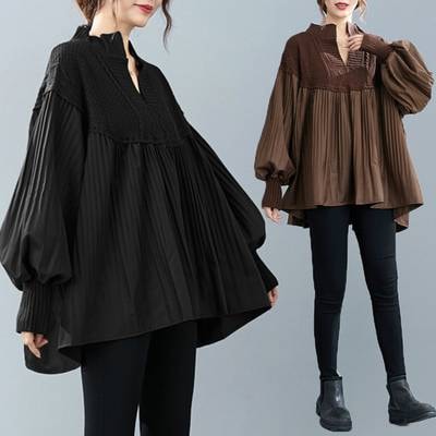 トップス レディース ニットソー プルオーバー チュニック ブラウス 長袖 Vネック ワイド 切り替えデザイン ドッキング プリーツ 異素材MIX 大人 可愛い きれいめ カジュアル お洒落 レトロ