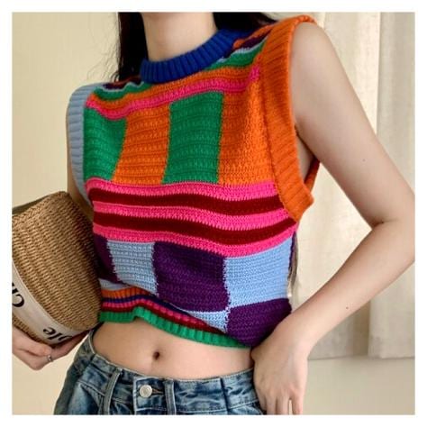 ニット ベスト Y2K 韓国 チェック 格子柄 カラフル ノースリーブ ストリート K-POP 派手 トップス ダンス 衣装 レディース 6NI-50