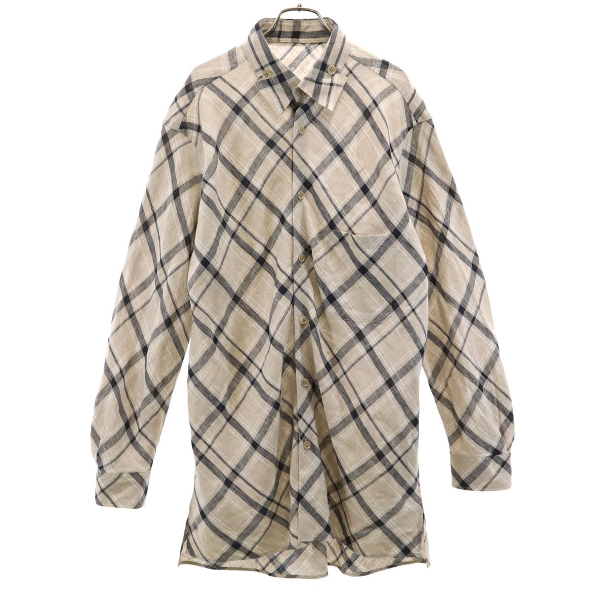 Ys BANG ON! ワイズ バングオン 日本製 リネン チェック柄 長袖 ロング シャツ 2 グレージュ ヨウジヤマモト メンズ 古着