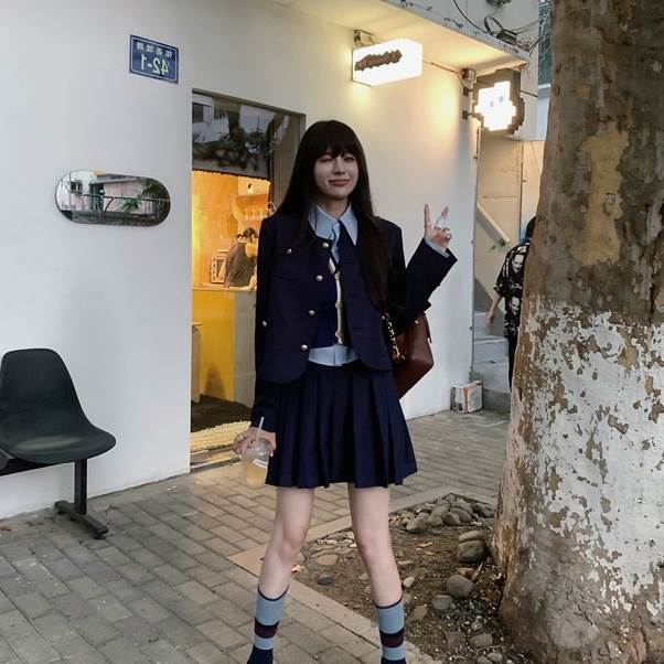 セットアップ 制服風 2点セット ツーピース ジャケット ショート丈 ブレザー ノーカラー クロップ丈 スカート プリーツ ハイウエスト スーツ グリーン ネイビ カッコイイ 長袖 上着 アウター