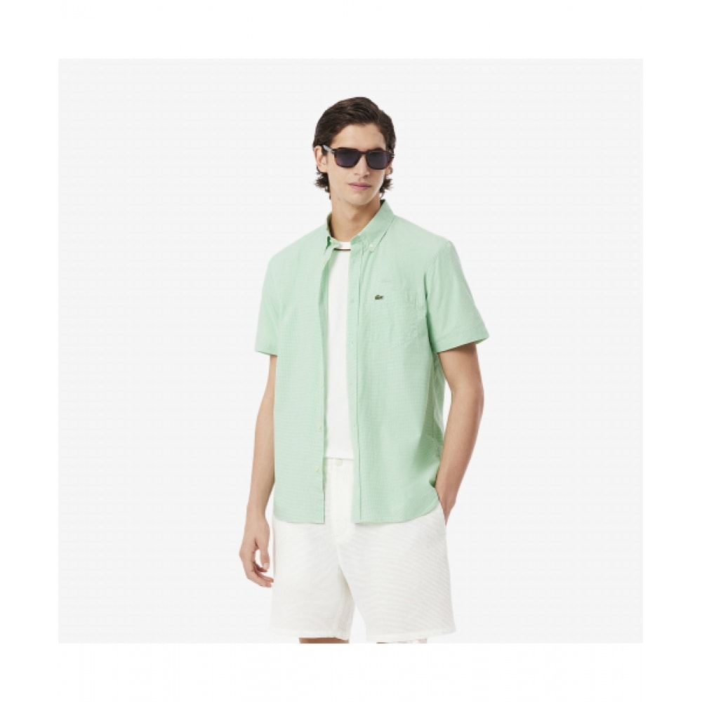 LACOSTE メンズ 半袖 ポプリン チェックシャツ [グリーン]