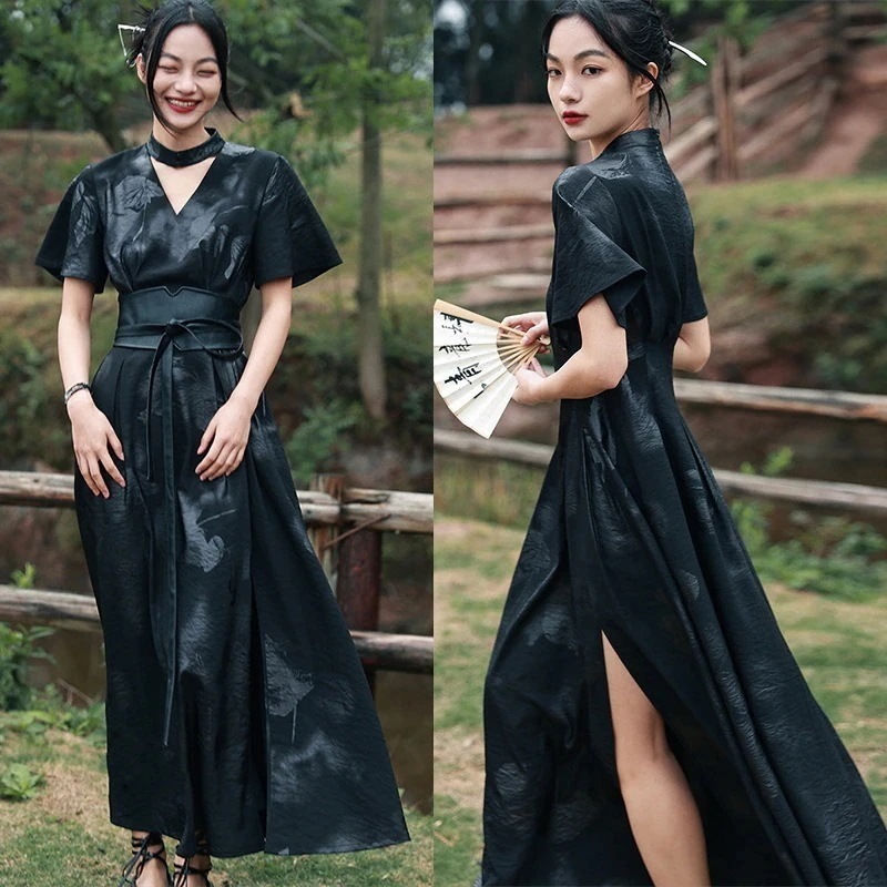 チャイナ風ワンピース ロング マキシ丈 ベルト付きワンピース 半袖 黒 スリットワンピース Vネック 暗黒系 腰括れ 卒業式 入学式