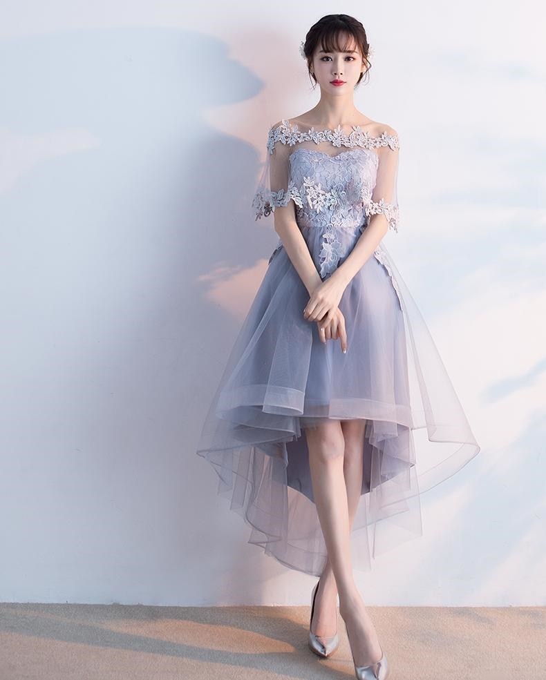 1454.シースルー袖イブニングドレス（グレー）パーティードレス 結婚式 ドレス ウエディングドレス 同窓会 二次会 発表会 ワンピース ミドル丈 オフショルダー 2019 春夏 sale 100,000円