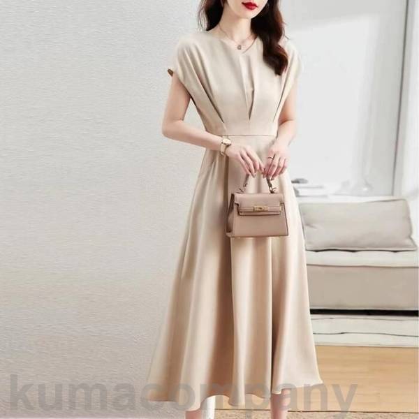 フレンチスリーブ ワンピース ドレス 袖あり エレガント レディース きれいめ カジュアル おしゃれ 半袖 大人 可愛い フェミニン ミモレ丈 タック Vネック 体型カバー ハイウエスト シンプル お