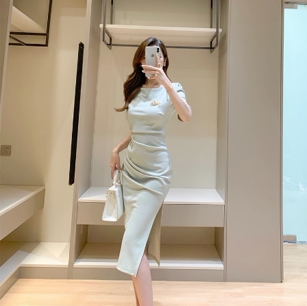 ワンピース ミモレ ミモレ丈 袖あり 半袖 スリム タイト 細身 ストレート スリット サイドスリット 快適 着心地 かわいい 大人可愛い きれいめ シンプル カジュアル 大人 上品 おしゃれ お洒落