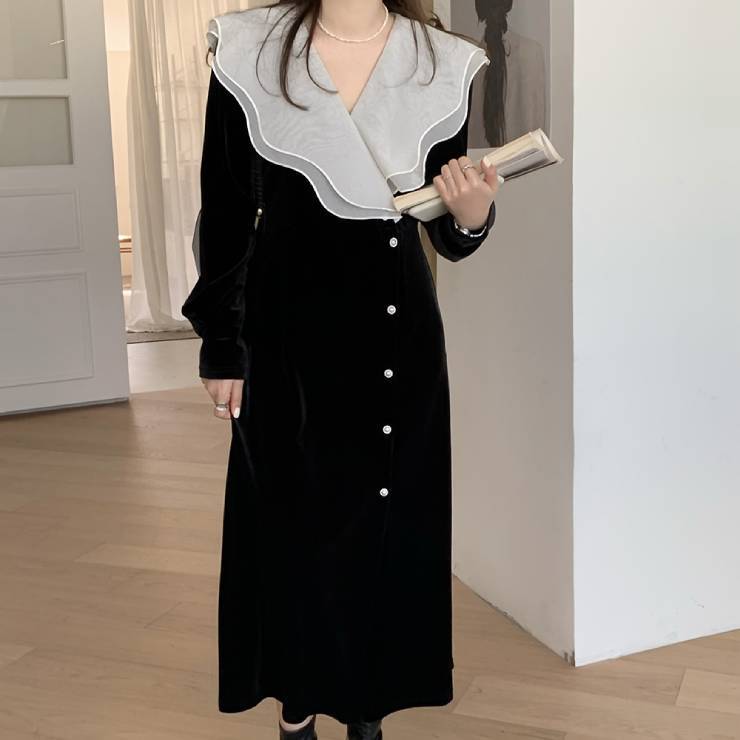 ワンピース レディース フレアワンピース ドレスワンピ ロング丈 ミモレ丈 ドレープ 長袖
