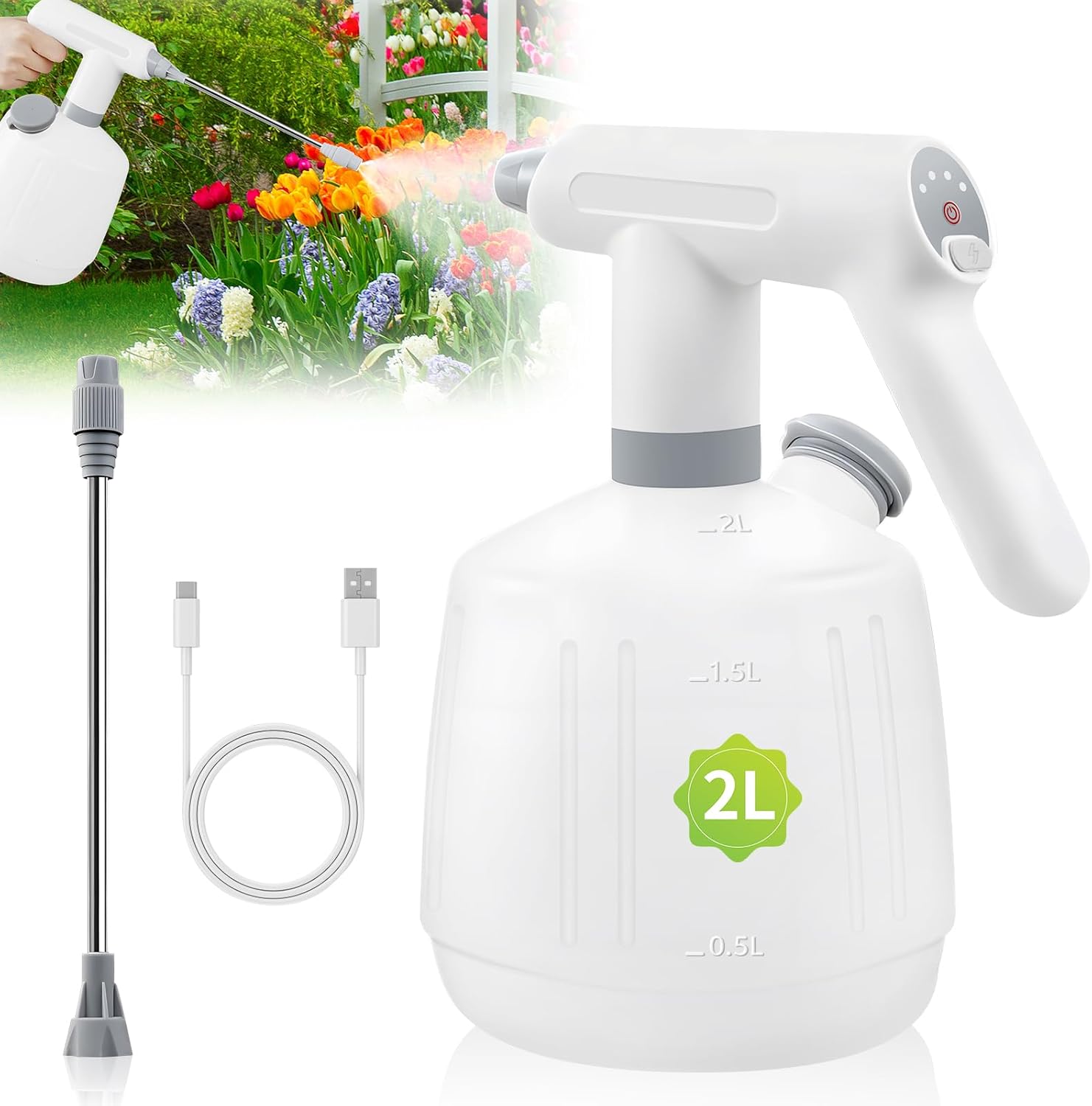 電動じょうろ 霧吹き 2L 大容量 延長ノズル付属 側面給水口 バッテリー内蔵 Type-C充電式 霧噴射 柱噴射 自動噴霧 家庭用 ガーデニング 水やり 掃除 消毒 洗車用