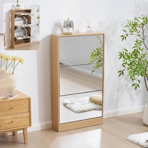 ミラー付き スリム下駄箱 幅60cm 奥行17cm 3段 扉付 シューズラック 玄関収納 省スペース