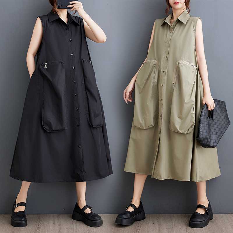 「ファットガール」 2024夏新品 大きいポケット ドッキングワンピース 大きいサイズ 体型カバー 袖なし レディース ノースリーブ ワンピース メガ割30%までに制限