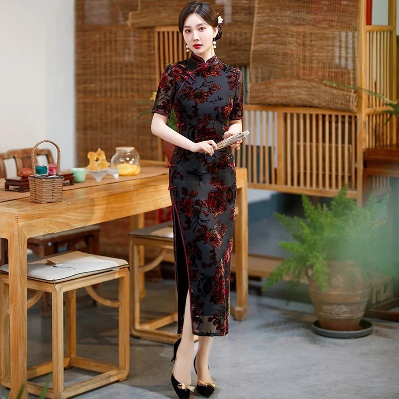 チャイナドレスロングレディースデイリースリムフィットレトロオールド上海チャイナドレス骨喰い春夏